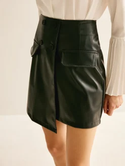 Asymmetrical Button Zipper PU Skirt