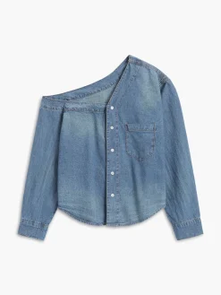 Asymmetrical Collar Denim Crop Shirt