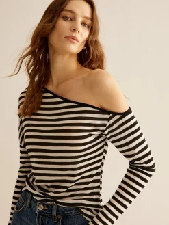 Asymmetrical Collar Striped T-Shirt
