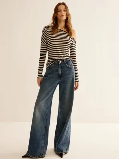 Asymmetrical Collar Striped T-Shirt