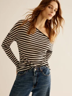 Asymmetrical Collar Striped T-Shirt