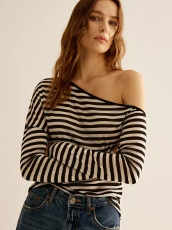 Asymmetrical Collar Striped T-Shirt