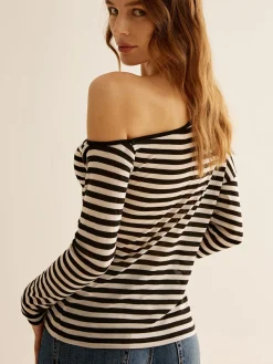 Asymmetrical Collar Striped T-Shirt