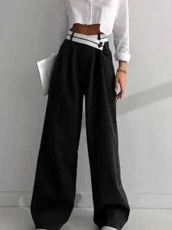 Asymmetrical Contrast Waistband Wide Leg Dress Pants