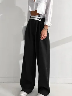 Asymmetrical Contrast Waistband Wide Leg Dress Pants