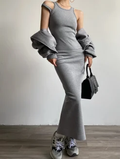 Asymmetrical Crew Neck Split Maxi Dress