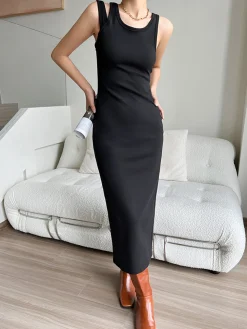 Asymmetrical Crew Neck Split Maxi Dress