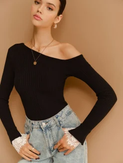 Asymmetrical Lace-Cuff Slim Sweater