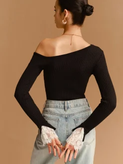 Asymmetrical Lace-Cuff Slim Sweater