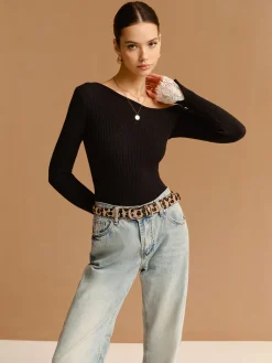 Asymmetrical Lace-Cuff Slim Sweater