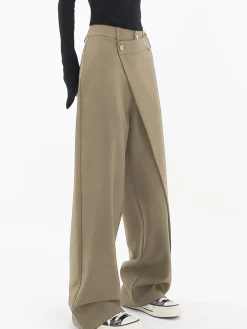 Asymmetrical Layer Button Wide Leg Dress Pants