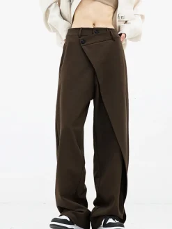 Asymmetrical Layer Button Wide Leg Dress Pants