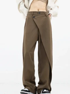 Asymmetrical Layer Button Wide Leg Dress Pants