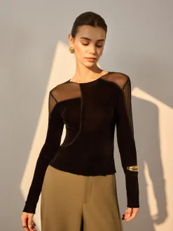 Asymmetrical Mesh-Detail Velvet Top