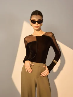 Asymmetrical Mesh-Detail Velvet Top