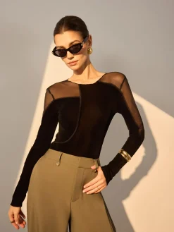 Asymmetrical Mesh-Detail Velvet Top
