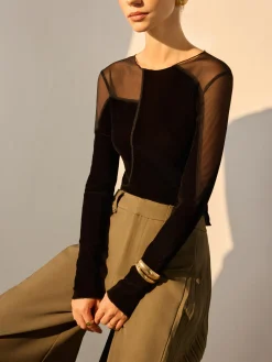 Asymmetrical Mesh-Detail Velvet Top