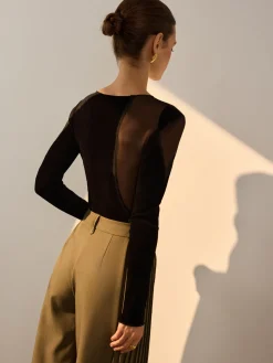 Asymmetrical Mesh-Detail Velvet Top