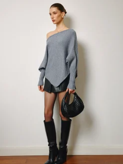 Asymmetrical Neck Leg-Of-Mutton Sleeve Sweater