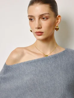 Asymmetrical Neck Leg-Of-Mutton Sleeve Sweater