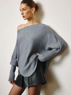 Asymmetrical Neck Leg-Of-Mutton Sleeve Sweater