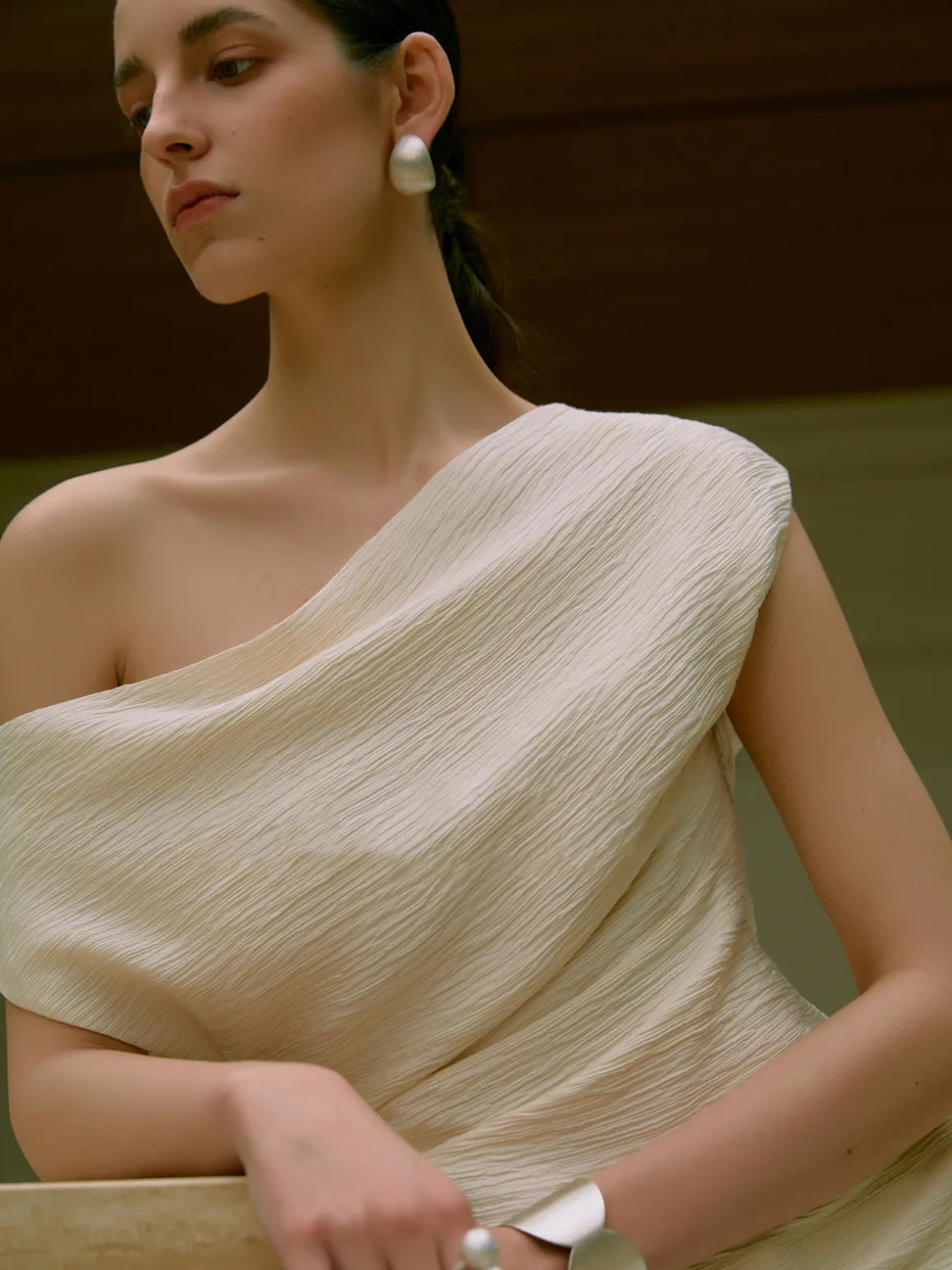 Asymmetrical Neck One Shoulder Off Pleated Blouse