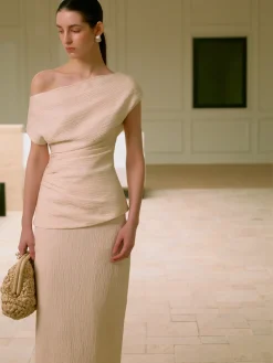 Asymmetrical Neck One Shoulder Off Pleated Blouse