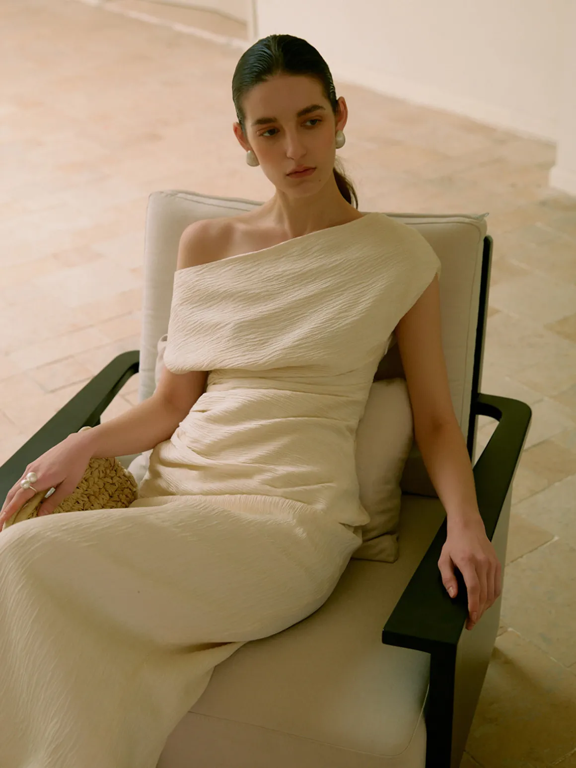Asymmetrical Neck One Shoulder Off Pleated Blouse