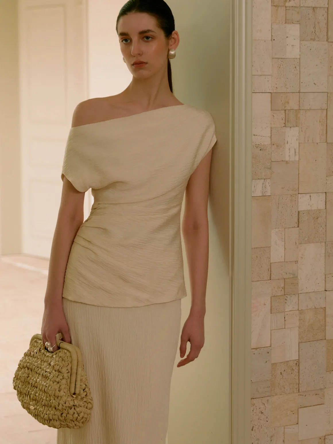 Asymmetrical Neck One Shoulder Off Pleated Blouse