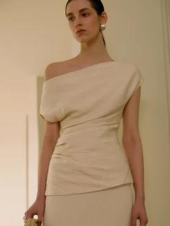 Asymmetrical Neck One Shoulder Off Pleated Blouse