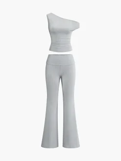 Asymmetrical Neck One Shoulder Off Top With Pants Set