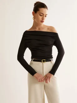 Asymmetrical Neck Pleated Long Sleeve Top