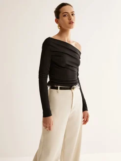 Asymmetrical Neck Pleated Long Sleeve Top