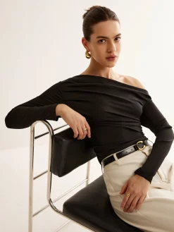 Asymmetrical Neck Pleated Long Sleeve Top