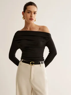 Asymmetrical Neck Pleated Long Sleeve Top