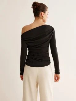 Asymmetrical Neck Pleated Long Sleeve Top