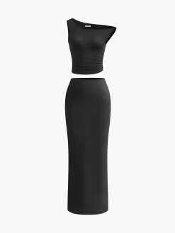 Asymmetrical Neck Ruched Top & Split Maxi Skirt Set