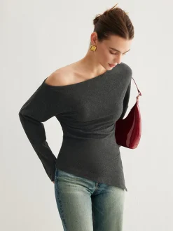 Asymmetrical Neck Slit Cinched Top