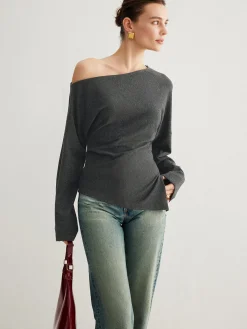 Asymmetrical Neck Slit Cinched Top
