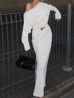 Asymmetrical Off Shoulder Solid Long Sleeve Maxi Dress