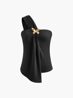 Asymmetrical One Shoulder Metal-Butterfly Tank Top