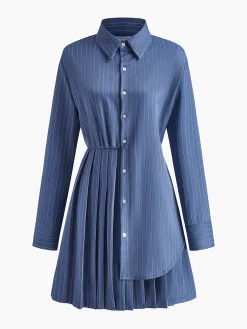 Asymmetrical Pinstripe Pleated Lapel Dress