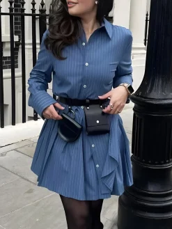 Asymmetrical Pinstripe Pleated Lapel Dress
