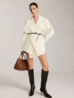 Asymmetrical Plain Belted Knit Outerwear