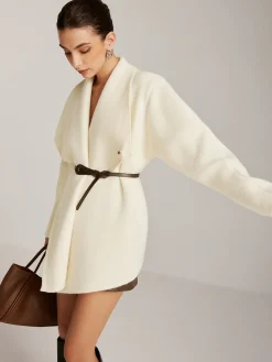 Asymmetrical Plain Belted Knit Outerwear