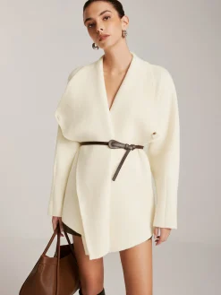Asymmetrical Plain Belted Knit Outerwear