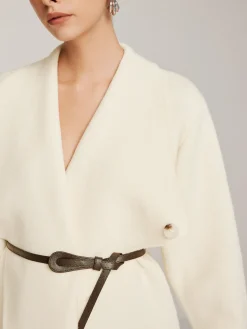 Asymmetrical Plain Belted Knit Outerwear