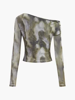 Asymmetrical Printed Crop Mesh Top