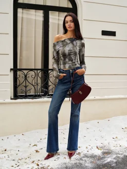 Asymmetrical Printed Crop Mesh Top