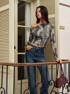 Asymmetrical Printed Crop Mesh Top